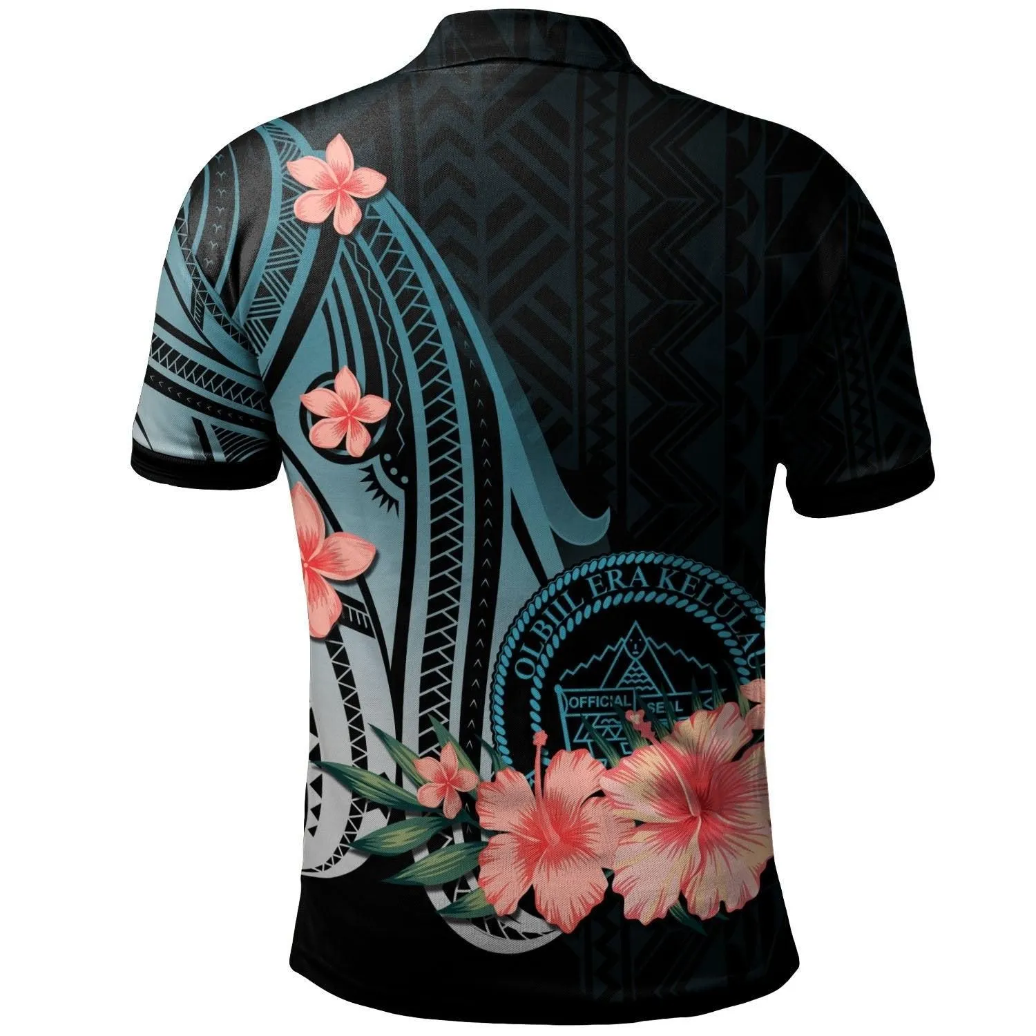 Palau Polo Shirt - Turquoise Polynesian Hibiscus Pattern Style
