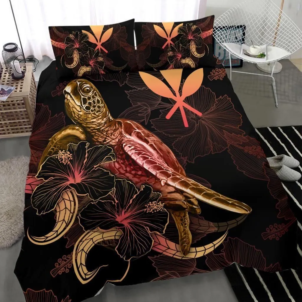 Alohawaii Bedding Set - Cover and Pillow Cases Hawaii Polynesian - Turtle With Blooming Hibiscus Gold - BN22