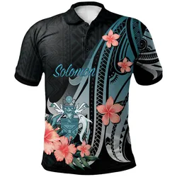 Solomon Islands Polo Shirt - Turquoise Polynesian Hibiscus Pattern Style