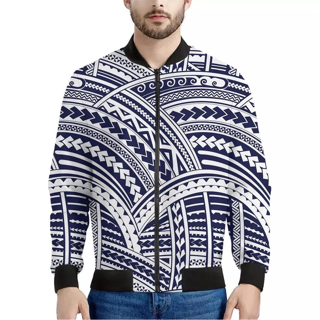 Blue Maori Polynesian Tattoo Print Mens Bomber Jacket