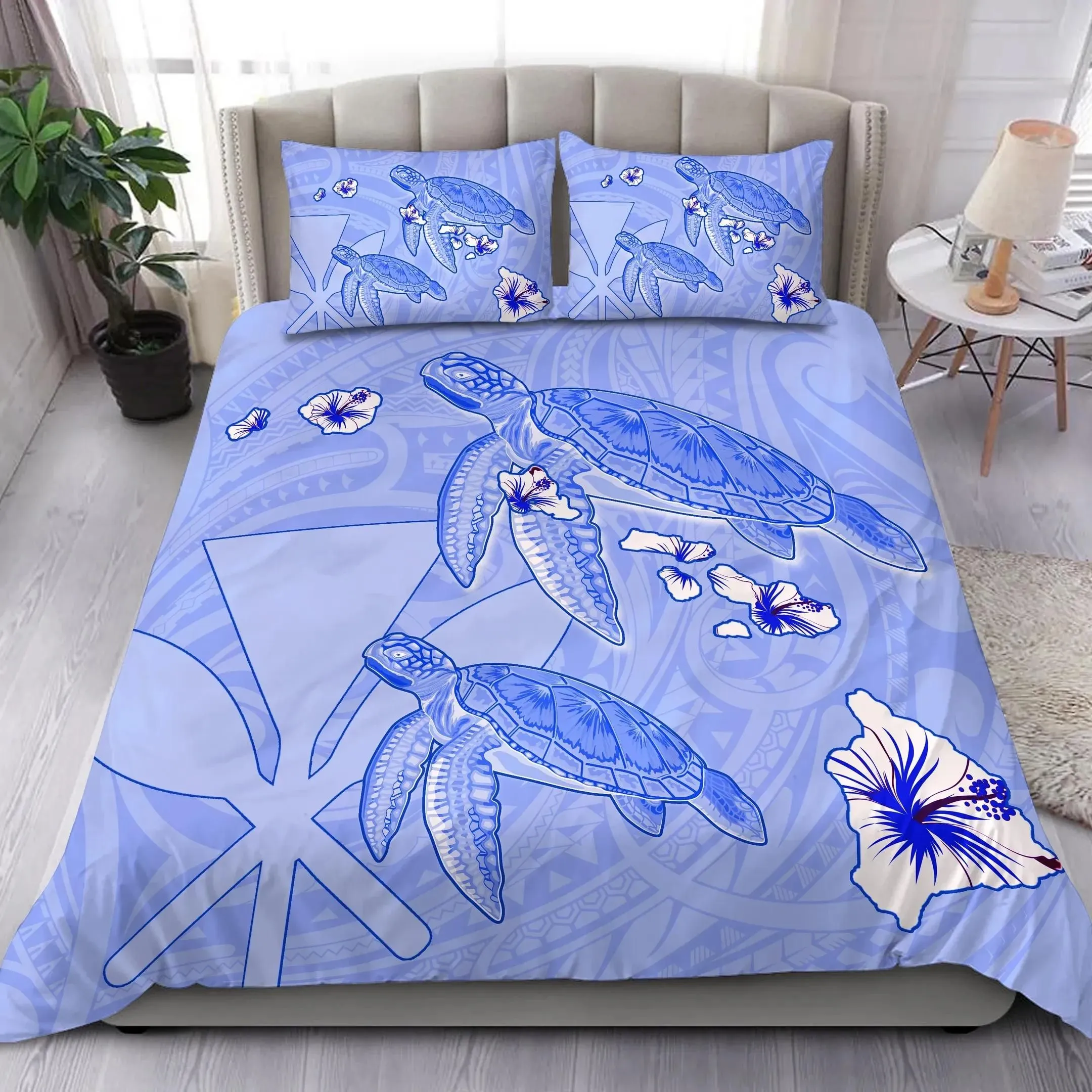 FamilyGater Home Set - Hawaii Turtle Hibiscus Kanaka Map Bedding Set - Blue - Aura Style - AH - J2