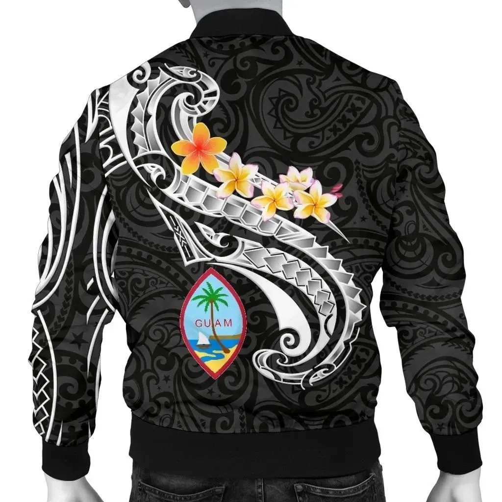 Guam Personalised Men's Bomber Jacket - Guam Seal Polynesian Patterns Plumeria (Black) - BN25
