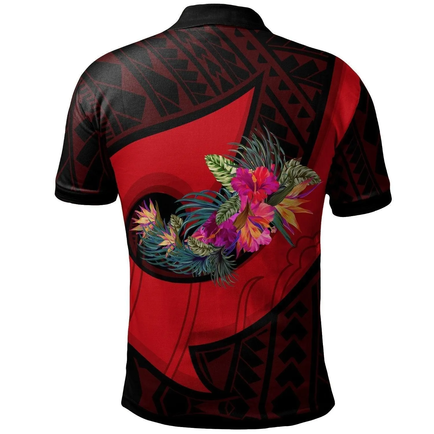 Guam Polo Shirt - Polynesian Hook and Hibiscus (Red)