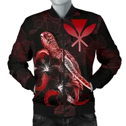 Hawaii Polynesian Men's Bomber Jacket - Turtle With Blooming Hibiscus Red  - BN22