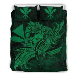 Alohawaii Home Set - Hawaiian Map Hula Girl Hibiscus Kanaka Polynesian Bedding Set - Green - AH J4