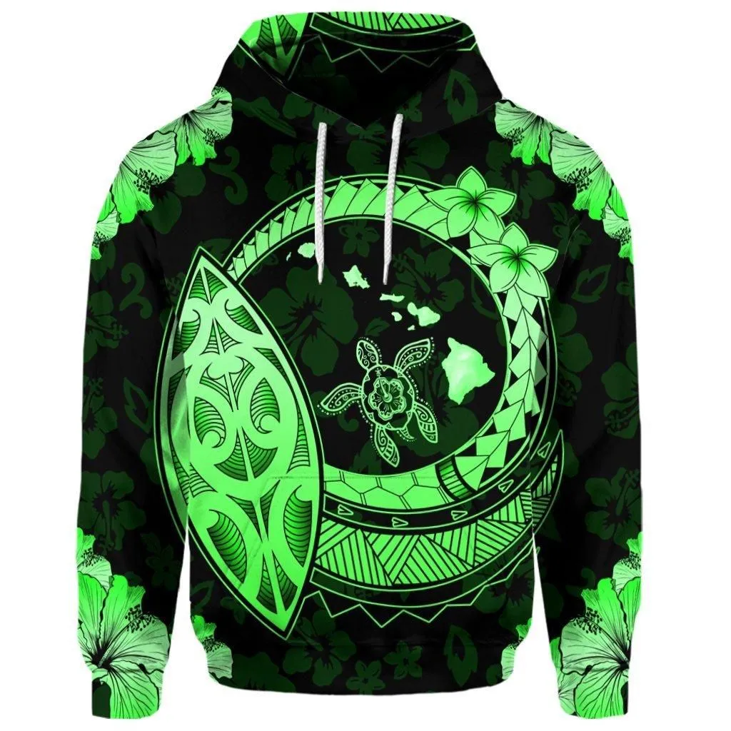 (Personalised) Hawaii Turtle Hibiscus Map Polynesian Hoodie Green - AH