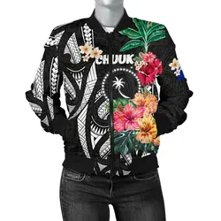 Chuuk Women's Bomber Jacket Coat Of Arms Polynesian With Hibiscus TH5