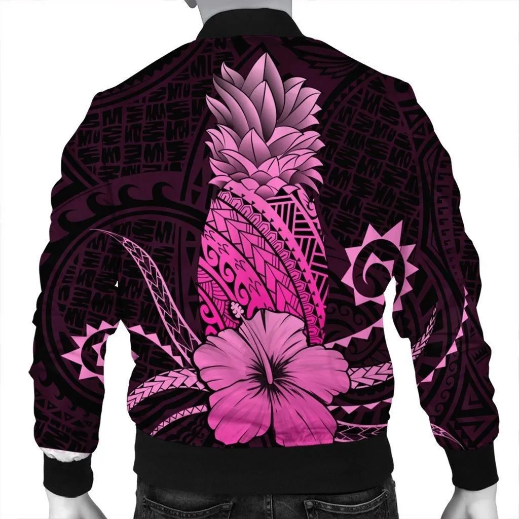 Hawaii Polynesian Pineapple Hibiscus Bomber Jacket - Pink