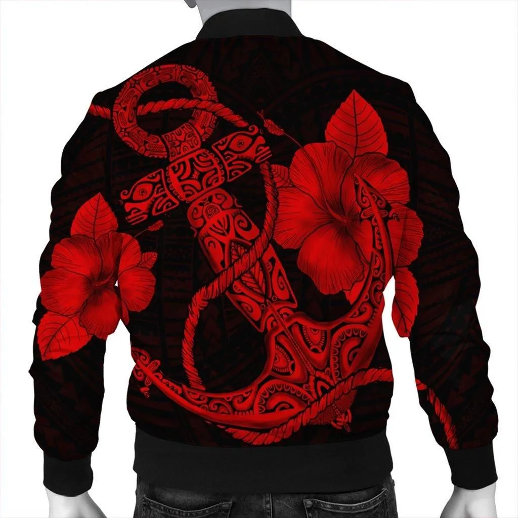 Hawaiian Anchor Poly Tribal Hibiscus Polynesian Bomber Jacket Red - AH