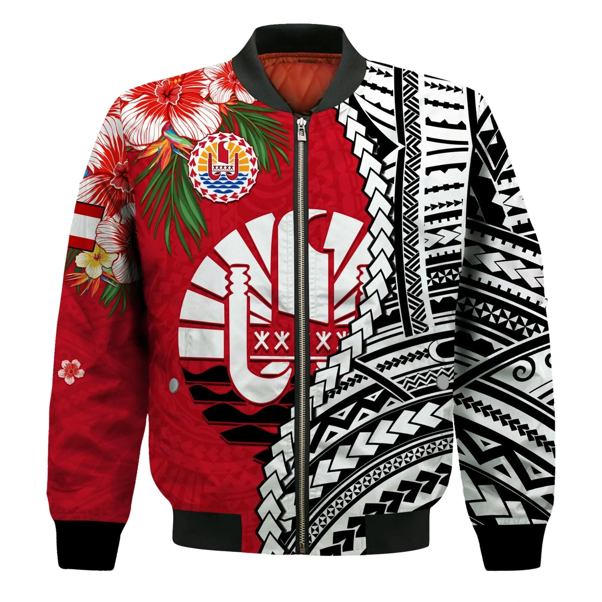 Tahiti Islands Bomber Jacket Polynesian Shark Mix Tropical Flowers LT14