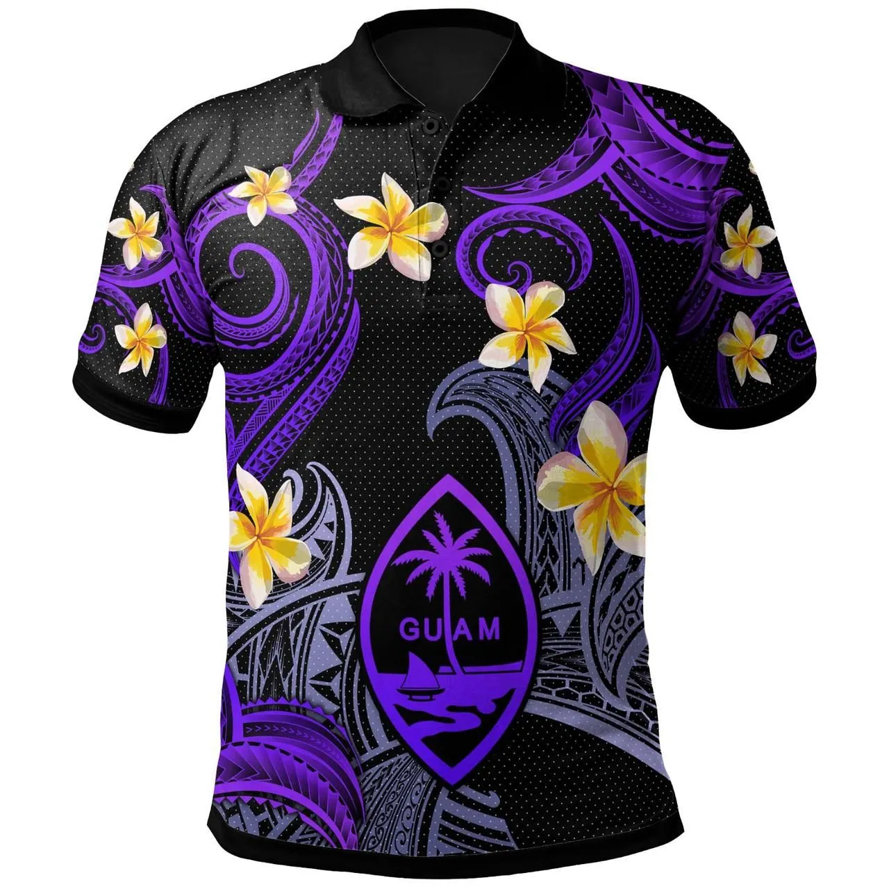 Guam Polo Shirt - Custom Personalised Polynesian Waves with Plumeria Flowers (Purple)