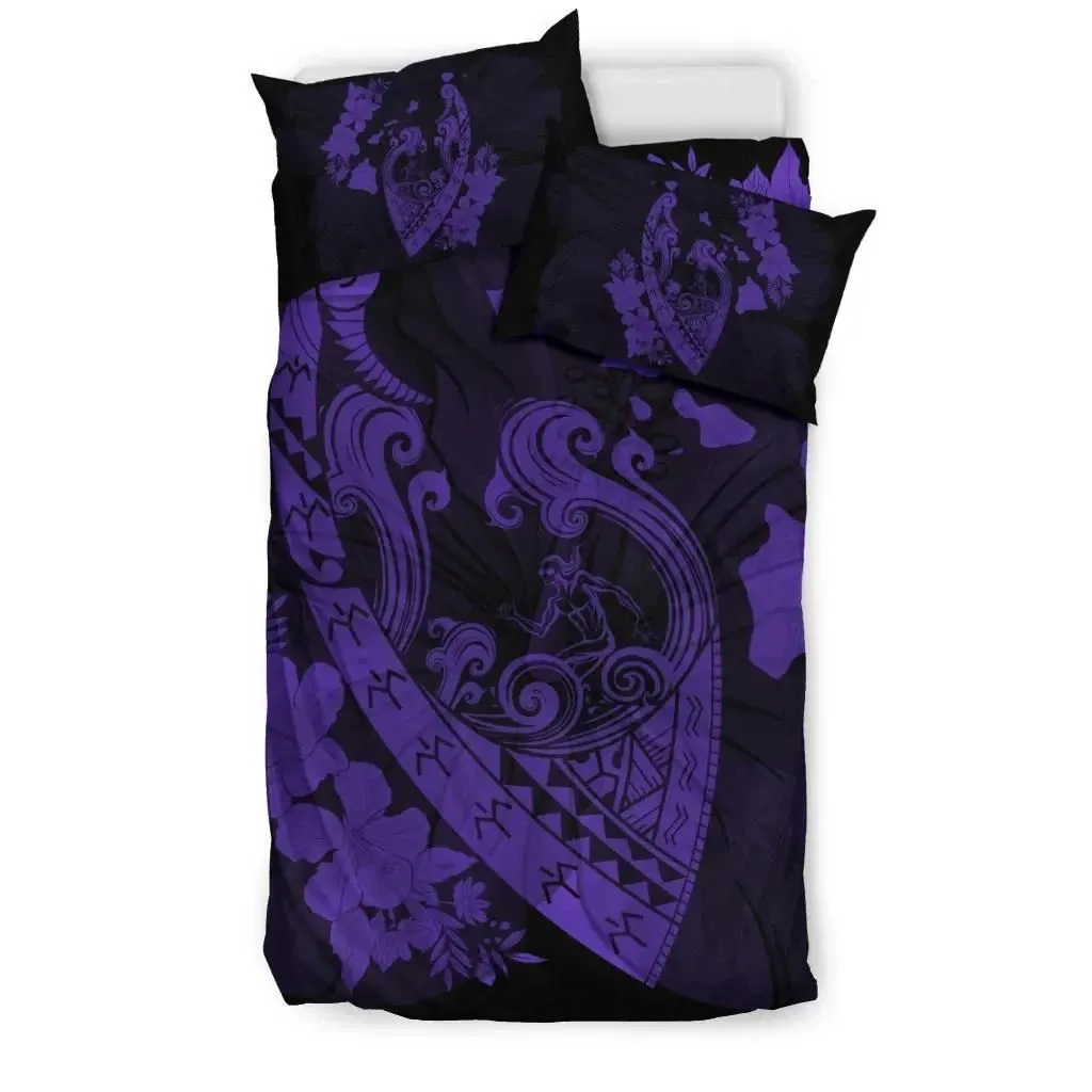 FamilyGater Home Set - Hawaiian Fish Hook Hibiscus Banzai Surfing Polynesian Bedding Set Purple - AH - J5
