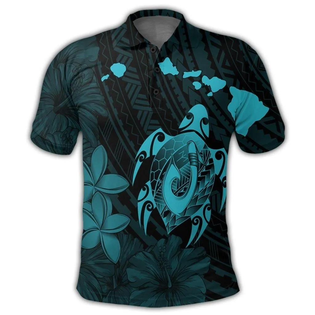 Hawaiian Map Turtle Plumeria Hibiscus Fish Hook Polynesian Polo Shirt Blue- AH