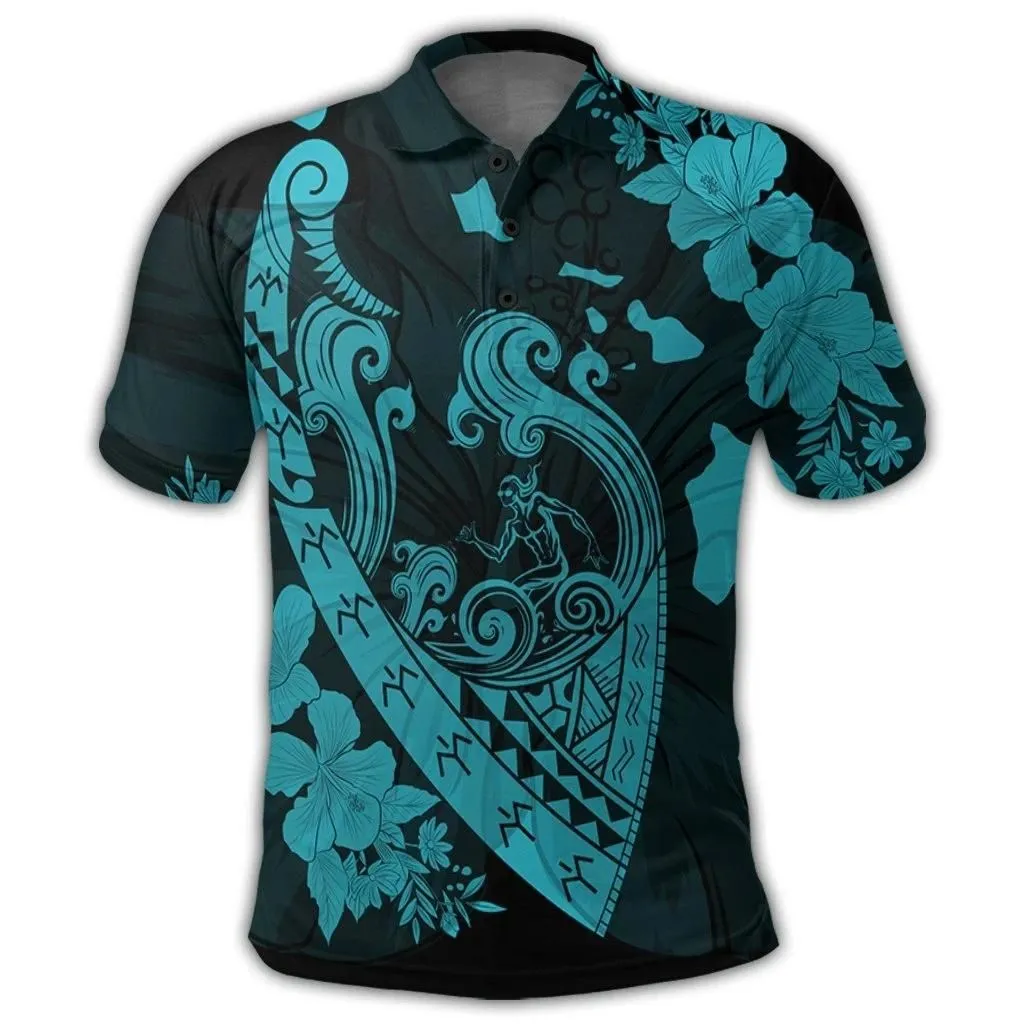 Alohawaii Shirt - Hawaiian Fish Hook Hibiscus Banzai Surfing Polynesian Polo Shirt Blue - AH - J5R
