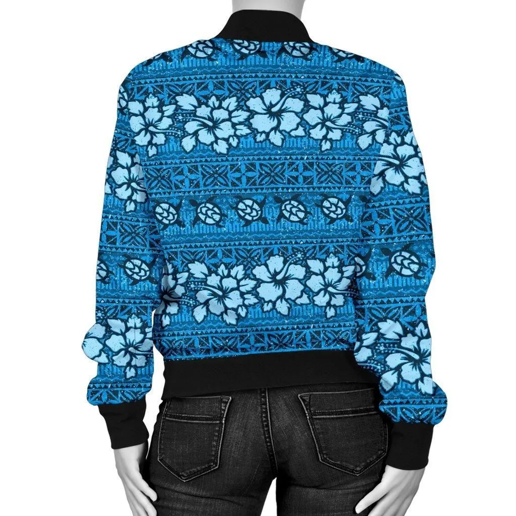 Alohawaii Jacket - Bomber Jacket Fiji Tapa¬†Hibiscus¬†Blue¬†A7