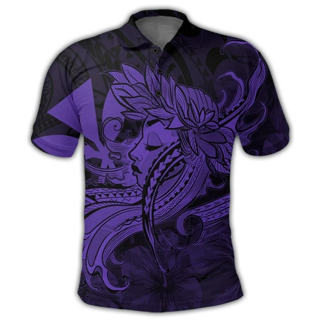Hawaiian Map Hula Girl Hibiscus Kanaka Polynesian Polo Shirt - Purple - AH