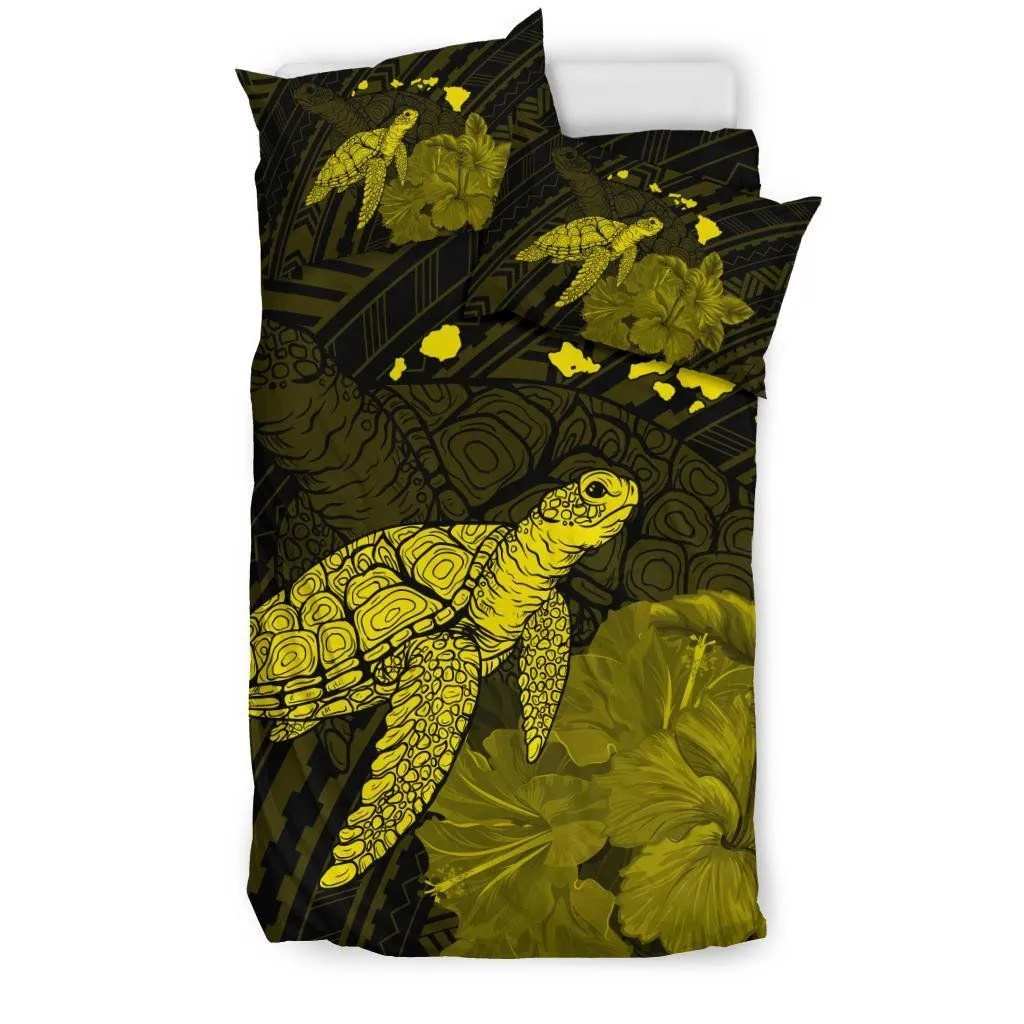 FamilyGater Home Set - Hawaii Polynesian Hibiscus Turtle Map Bedding Set - AH - Yellow - J5