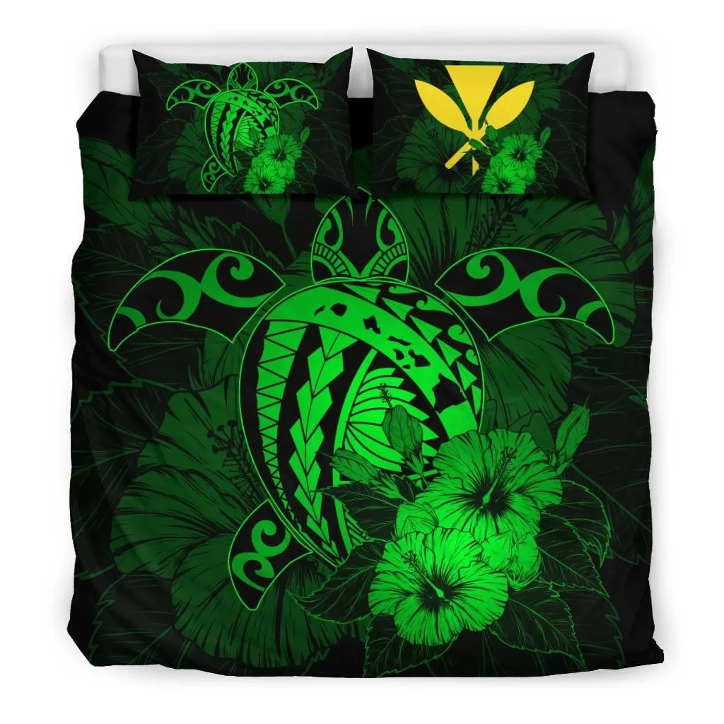 Hawaiian Map Hibiscus Kanaka Polynesian Bedding Set - Harold Turtle - Green - AH J9
