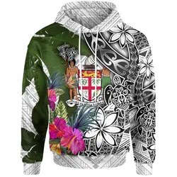Fiji Hoodie White - Turtle Plumeria Banana Leaf Crest