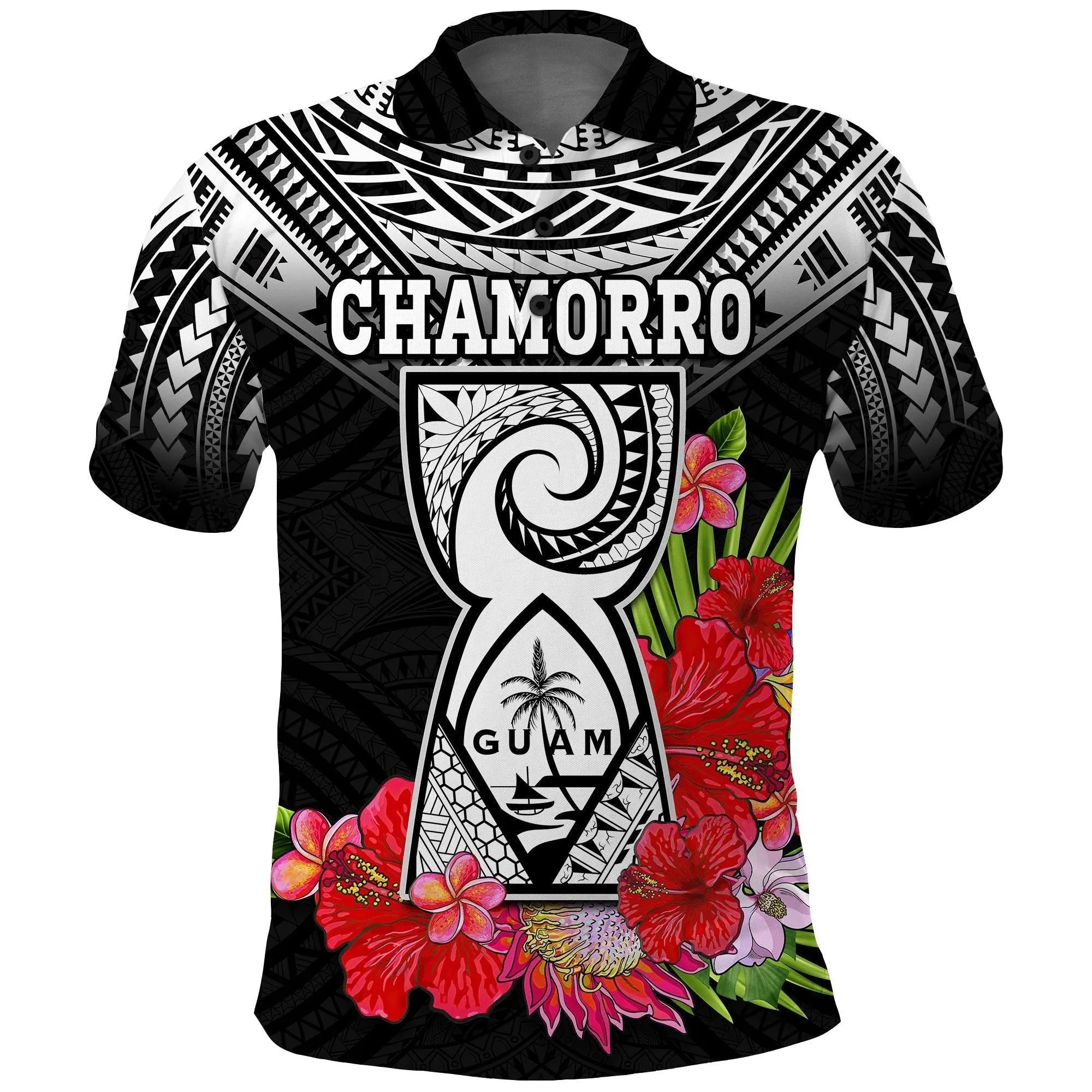 Custom Personalised Guam Chamorro Polo Shirt Guaman Latte Stone Tropical Flowers Black Style LT14