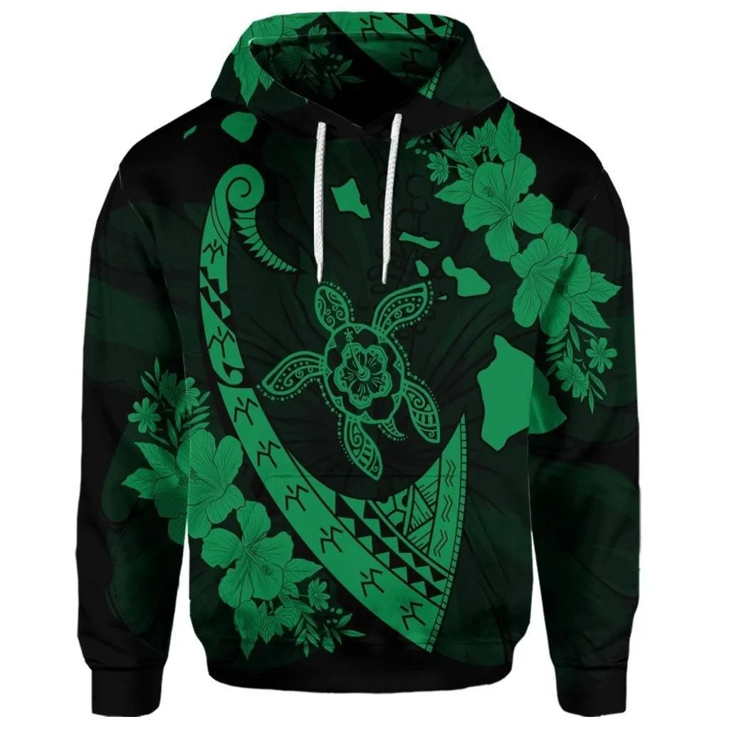 (Personalised) Hawaiian Map Hibiscus Turtle Fish Hook Polynesian Hoodie Green