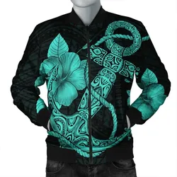 FamilyGater Jacket - Hawaiian Anchor Poly Tribal Hibiscus Polynesian Bomber Jacket Turquoise - AH - JR