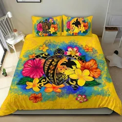 FamilyGater Bedding Set - Cover and Pillow Cases Papua New Guinea Polynesian - Turtle with Plumeria and Hibiscus - BN15