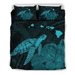 FamilyGater Home Set - Hawaii Polynesian Hibiscus Turtle Map Bedding Set - AH - Blue - J5