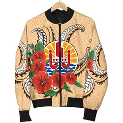Tahiti Polynesian Women Bomber Jacket - Hibiscus Coat of Arm Beige - BN11