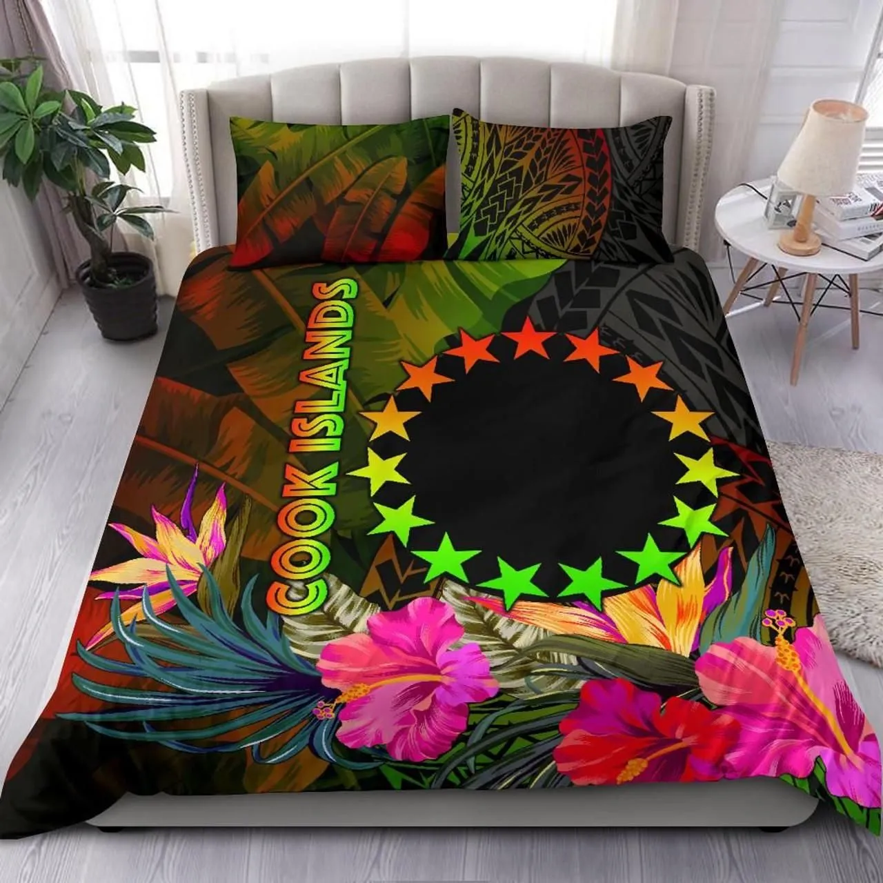 Cook Islands Polynesian Bedding Set - Hibiscus And Banana Leaves