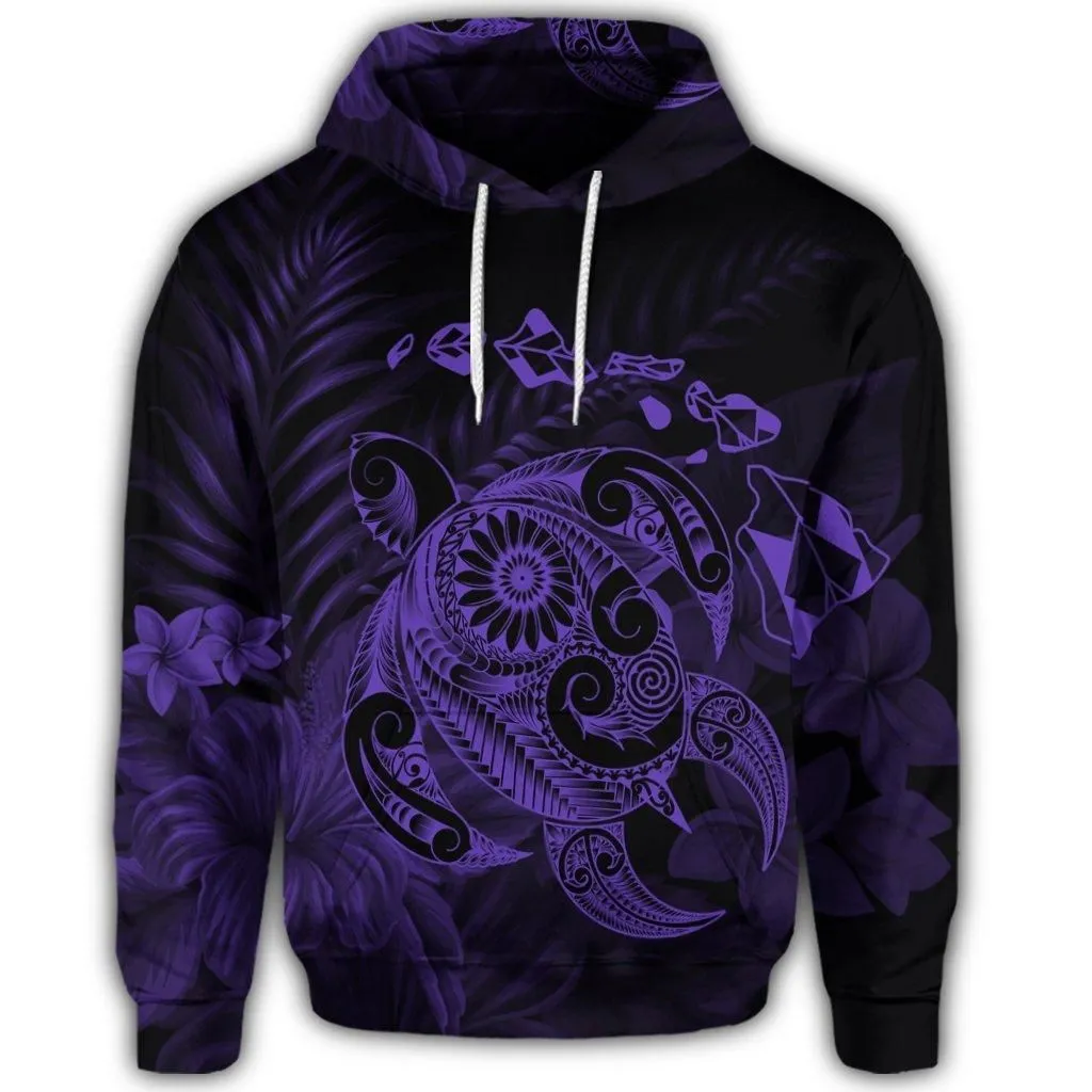 Hawaiian Map Turtle Tattoo Hibiscus Plumeria Polynesian Hoodie - Purple