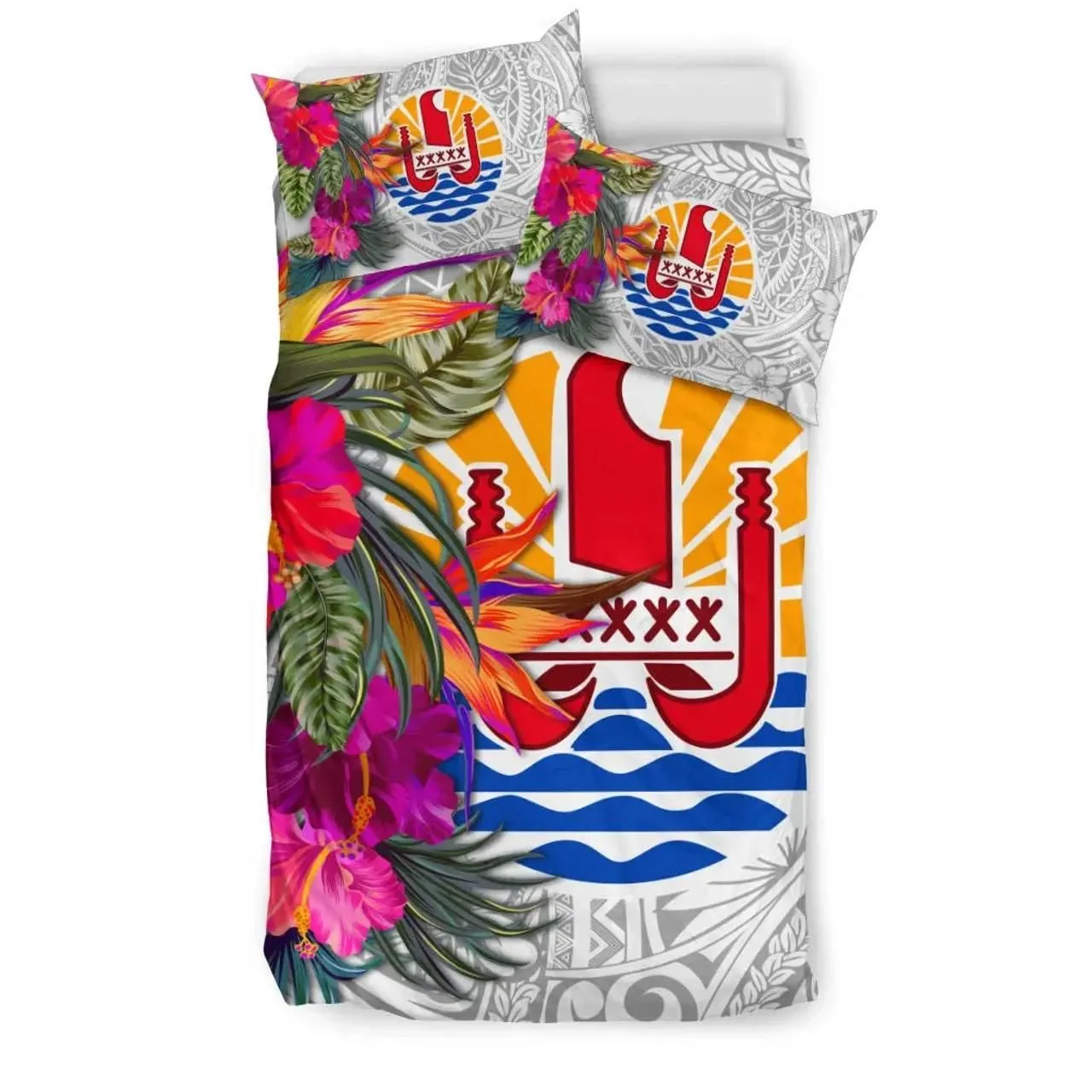 Tahiti Bedding Set - Hibiscus Polynesian Pattern White Version