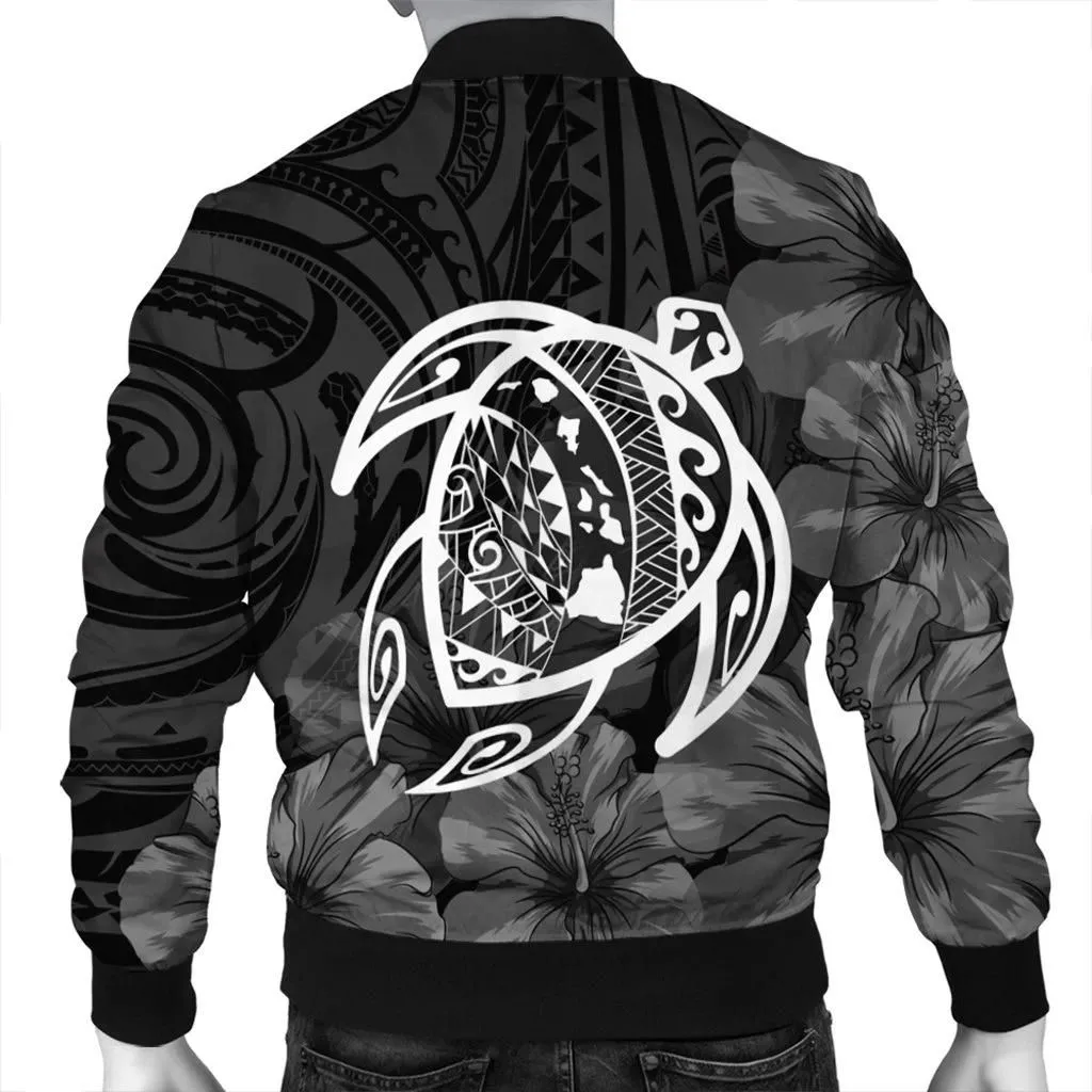 FamilyGater Jacket - Hawaiian Map Turtle Kanaka Hibiscus Polynesian Bomber Jacket - White - AH - J4R