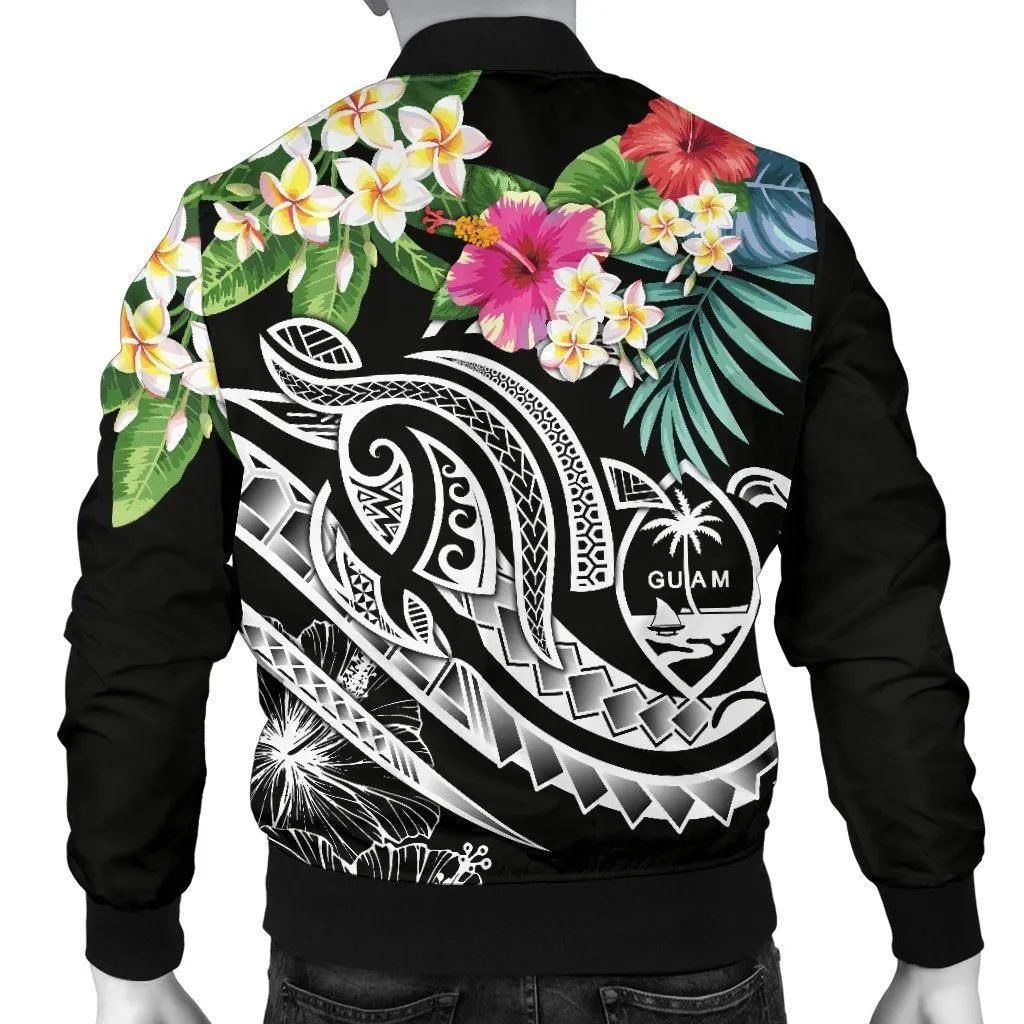 Guam Polynesian Mens Bomber Jacket - Summer Plumeria (Black)