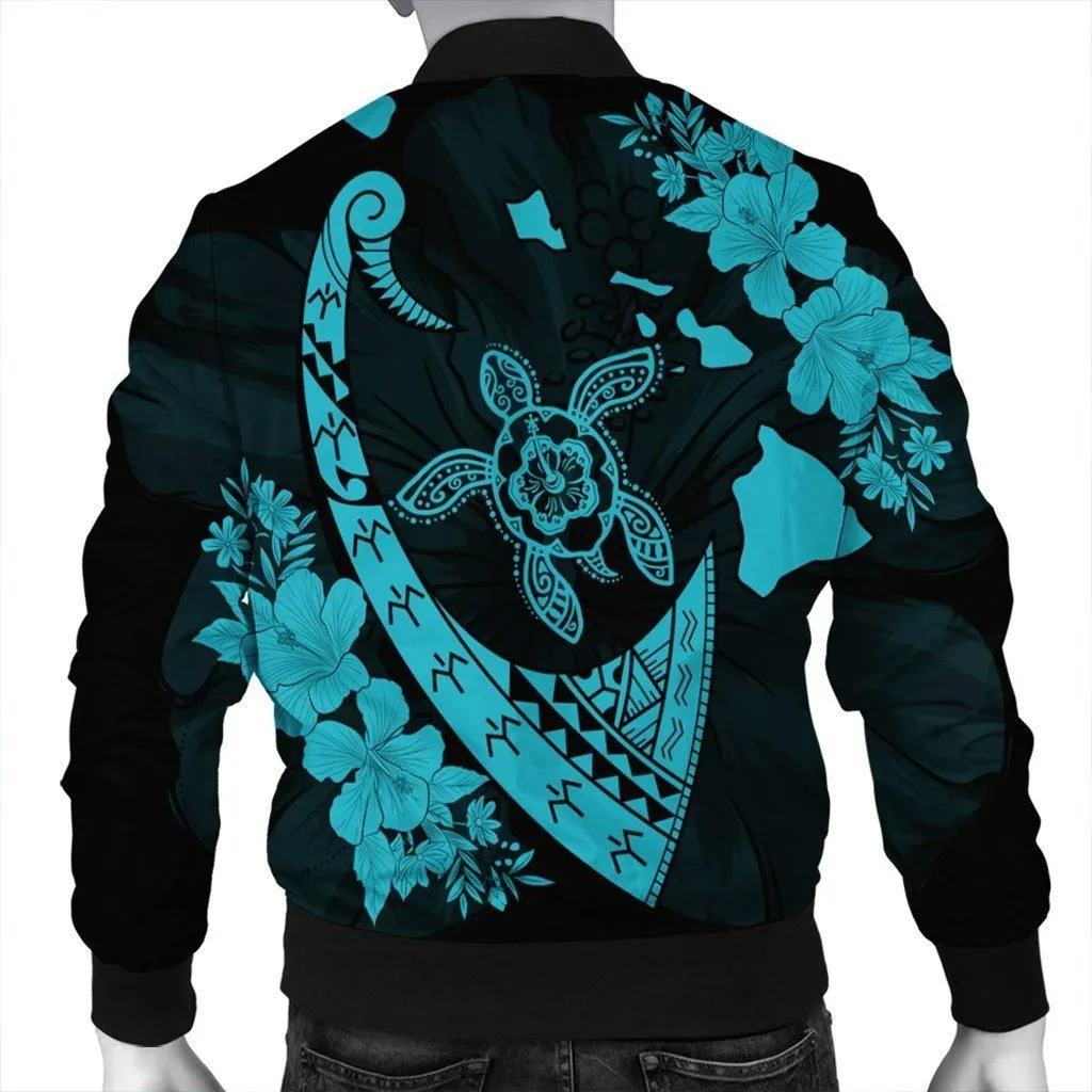 Hawaiian Map Hibiscus Turtle Fish Hook Polynesian Bomber Jacket Blue - AH