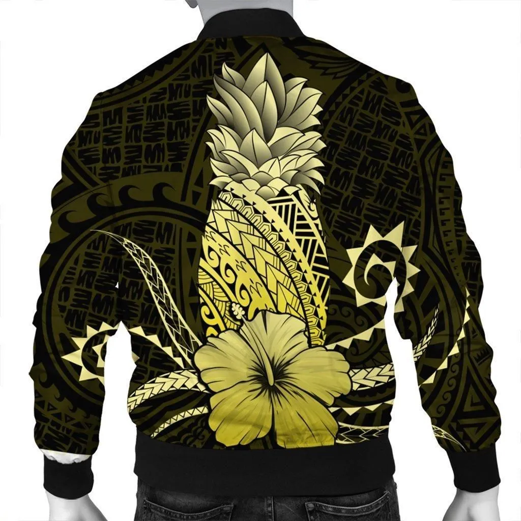 Hawaii Polynesian Pineapple Hibiscus Bomber Jacket - Yellow
