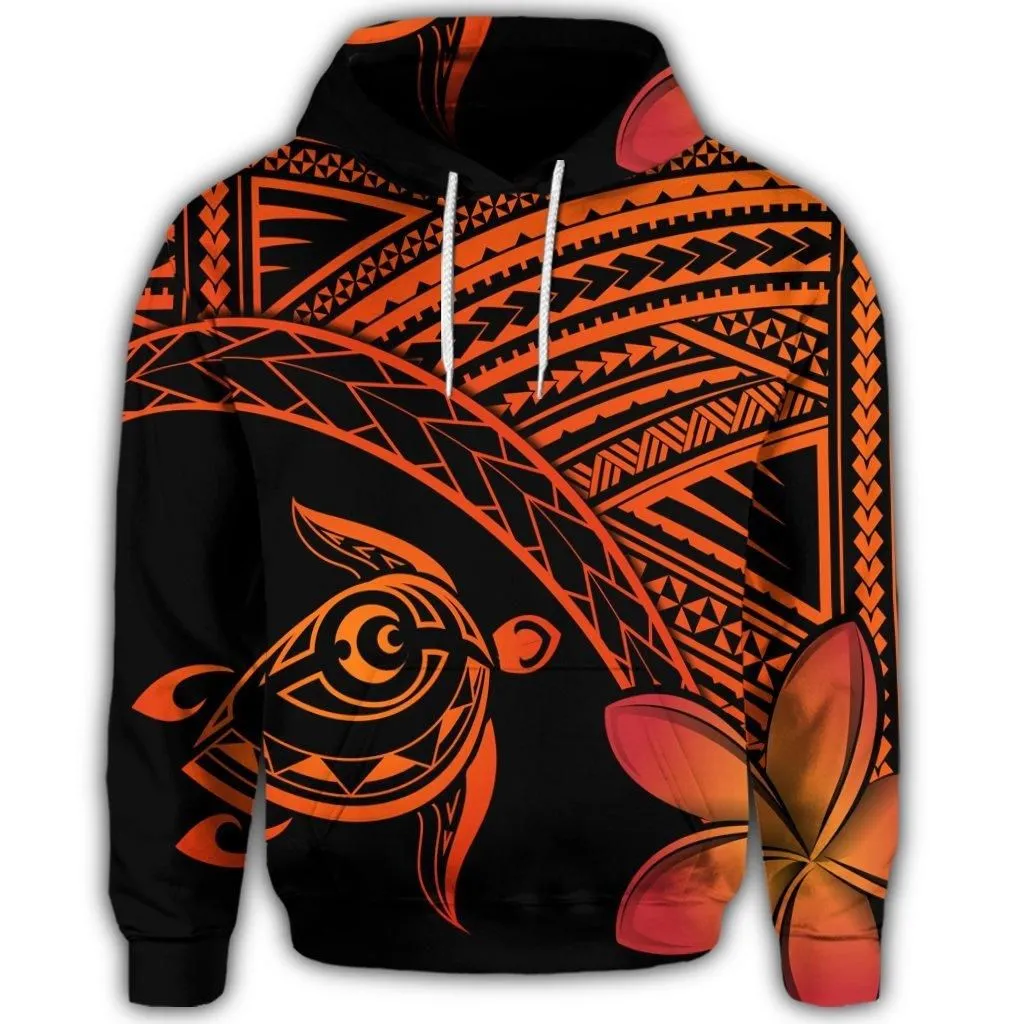 Hawaiian Turtle Plumeria Kakau Polynesian Quilt Hoodie Neo Orange AH
