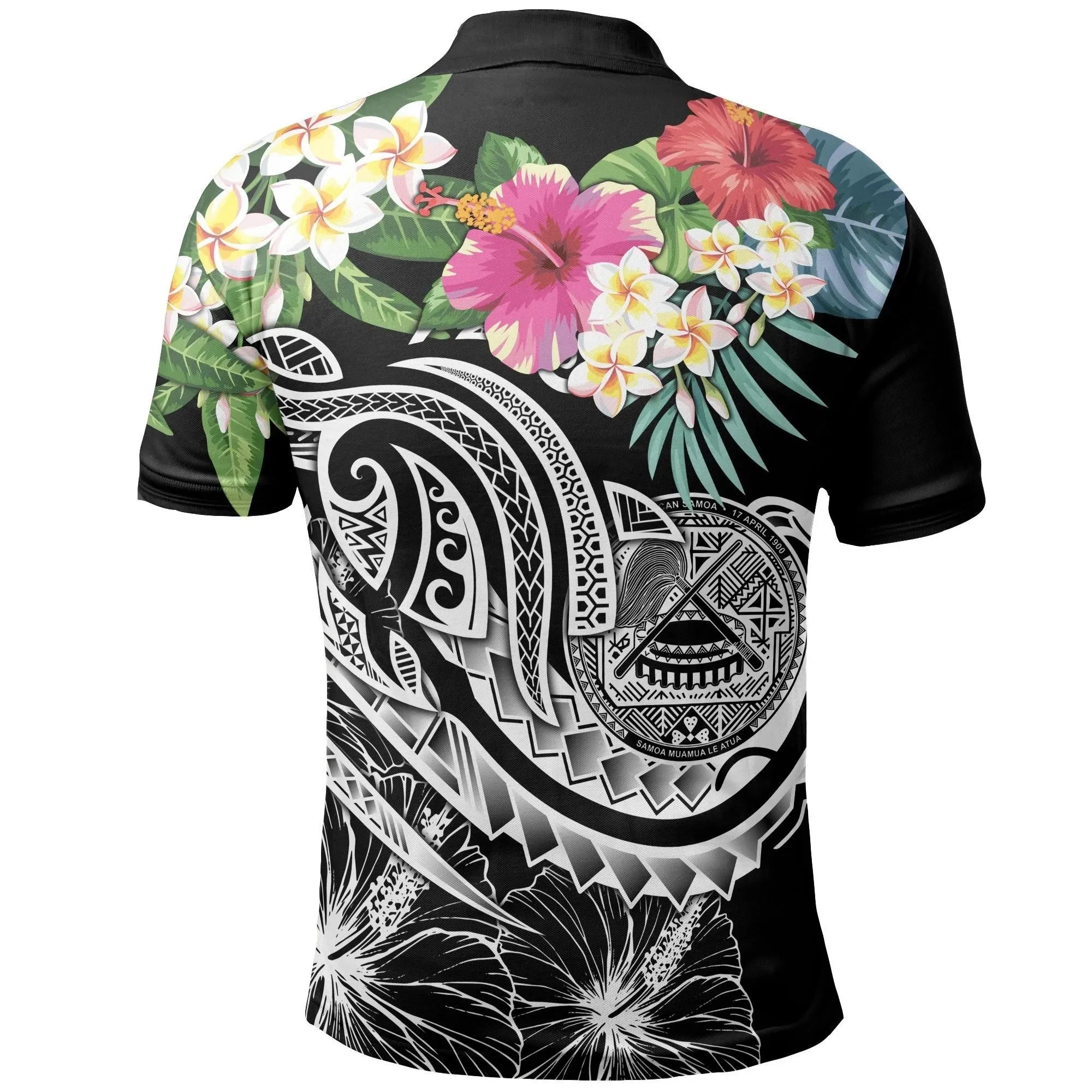Alohawaii Shirt - Polo Shirt Polynesian American Samoa Summer Plumeria (Black) - BN15