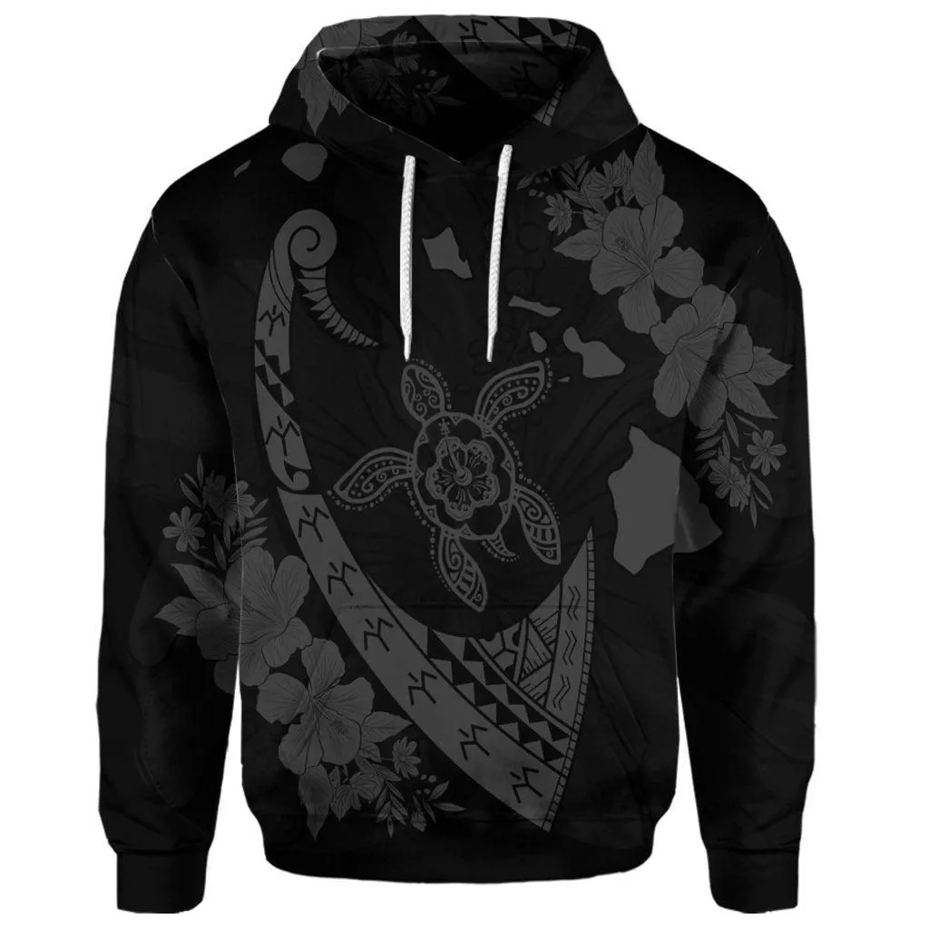 (Personalised) Hawaiian Map Hibiscus Turtle Fish Hook Polynesian Hoodie Grey - AH