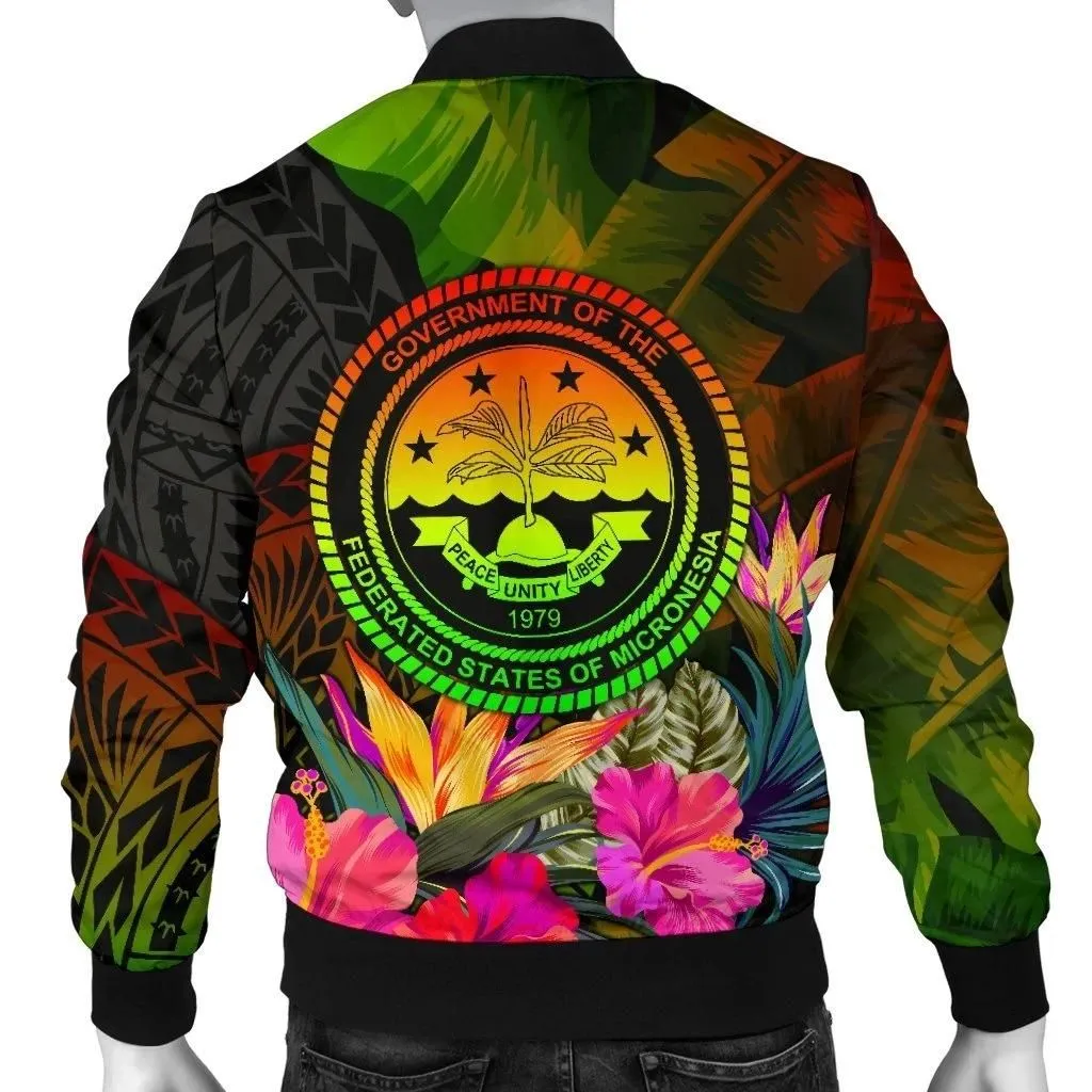 Federated States of Micronesia Polynesian Men's Bomber Jacket -  Hibiscus and Banana Leaves - BN15