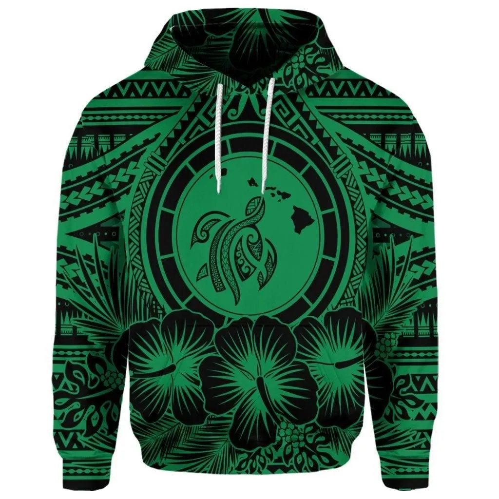 (Personalised) Hawaiian Map Honu Hibiscus Tropic Green Polynesian Hoodie