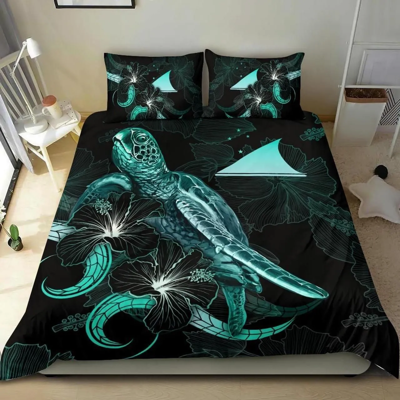 Tokelau Polynesian Bedding Set - Turtle With Blooming Hibiscus Turquoise