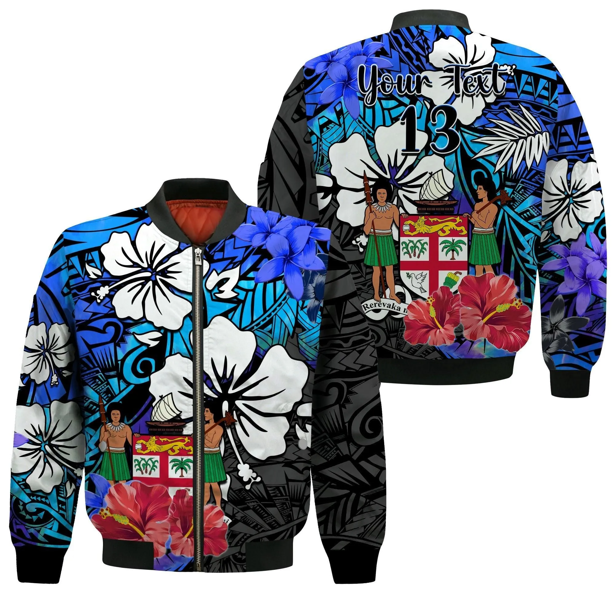 (Custom Text and Number) Fiji Tie Dye Bomber Jacket Polynesian Blue Tribal Creative Tropical Flowers LT13