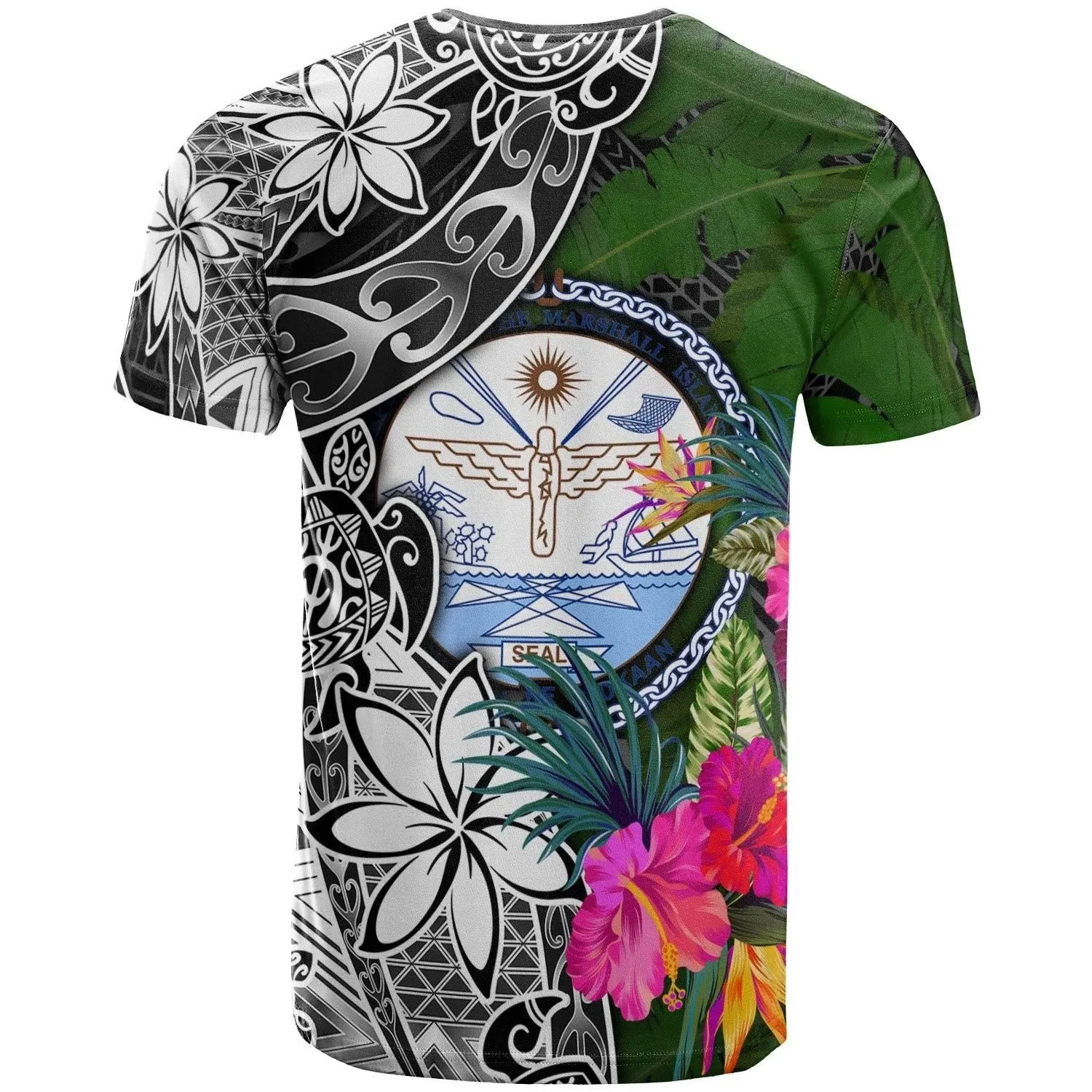 Marshall Islands T-Shirt - Turtle Plumeria Banana Leaf Crest - BN11