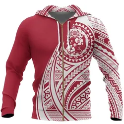 Zip Up Hoodie Tonga Polynesian Red And White -Tattoo Style J7
