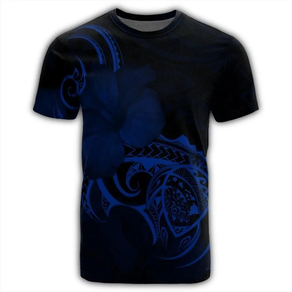 Alohawaii Tee - Hawaii Map Turtle Hibiscus Divise Polynesian T-Shirt Blue - AH - JR