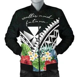 Wallis and Futuna Mens Bomber Jacket - Wallis and Futuna Caledonia Coat of Arms & Polynesian Tropical Flowers White