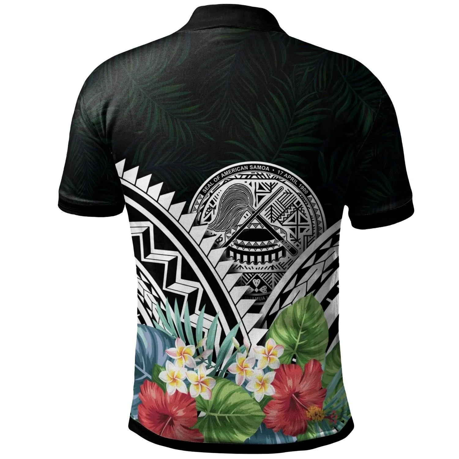 Alohawaii Shirt - Polo Shirt American Samoa - American Samoa Coat of Arms & Polynesian Tropical Flowers White - BN22