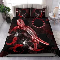 Cook Islands Polynesian Bedding Set - Turtle With Blooming Hibiscus Red