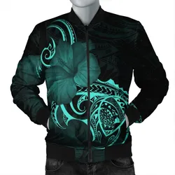 Hawaii Map Turtle Hibiscus Divise Polynesian Bomber Jacket Turquoise - AH